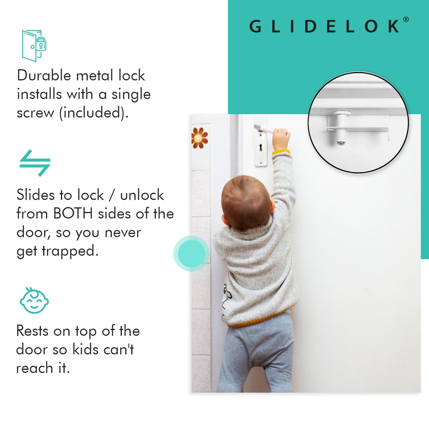 3 Pack - GlideLok Child Safety Door Top Lock | Made of Durable Metal (Not Plastic Like Other Models) | for Childproofing Interior/Exterior Doors | Adults Can Open Door from Both Sides