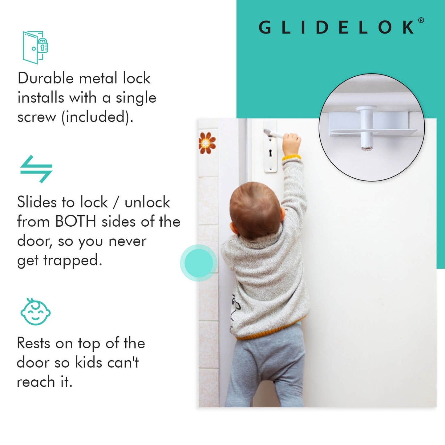1 Pack - GlideLok Child Safety Door Top Lock | Made of Durable Metal (Not Plastic Like Other Models) | for Childproofing Interior/Exterior Doors | Adults Can Open Door from Both Sides