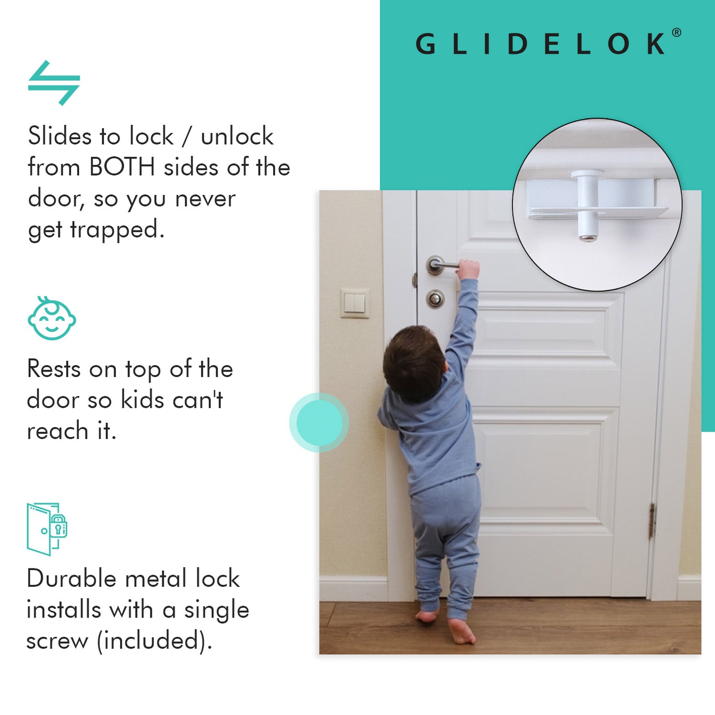 4 Pack – GlideLok Child Safety Door Top Lock | Adults Can Operate from Either Side | Works on Interior & Exterior Doors | for Elderly Caregivers, Toddler Parents